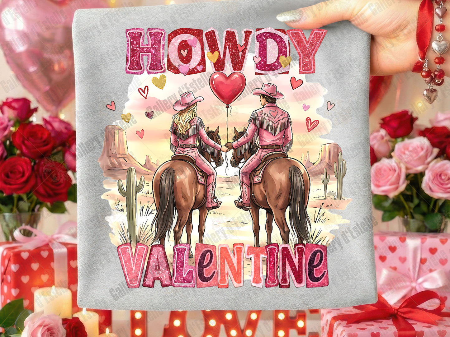 Retro Howdy Valentine PNG, Western Glitter Graphic, Coquette Cowgirl Illustration, Preppy Cowboy Love Shirt Design