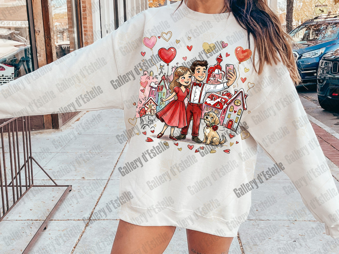 Retro Valentine Love PNG, Whimsical Selfie Couple Illustration, Preppy VDay Shirt Design