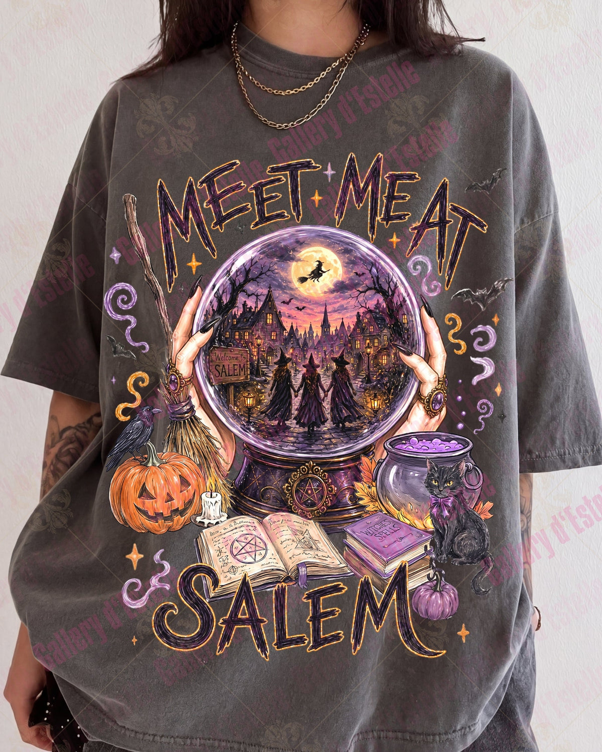Meet Me At Salem PNG, Retro Front and Pocket Witch Graphic, Spooky Witchcore Halloween Shirt Design