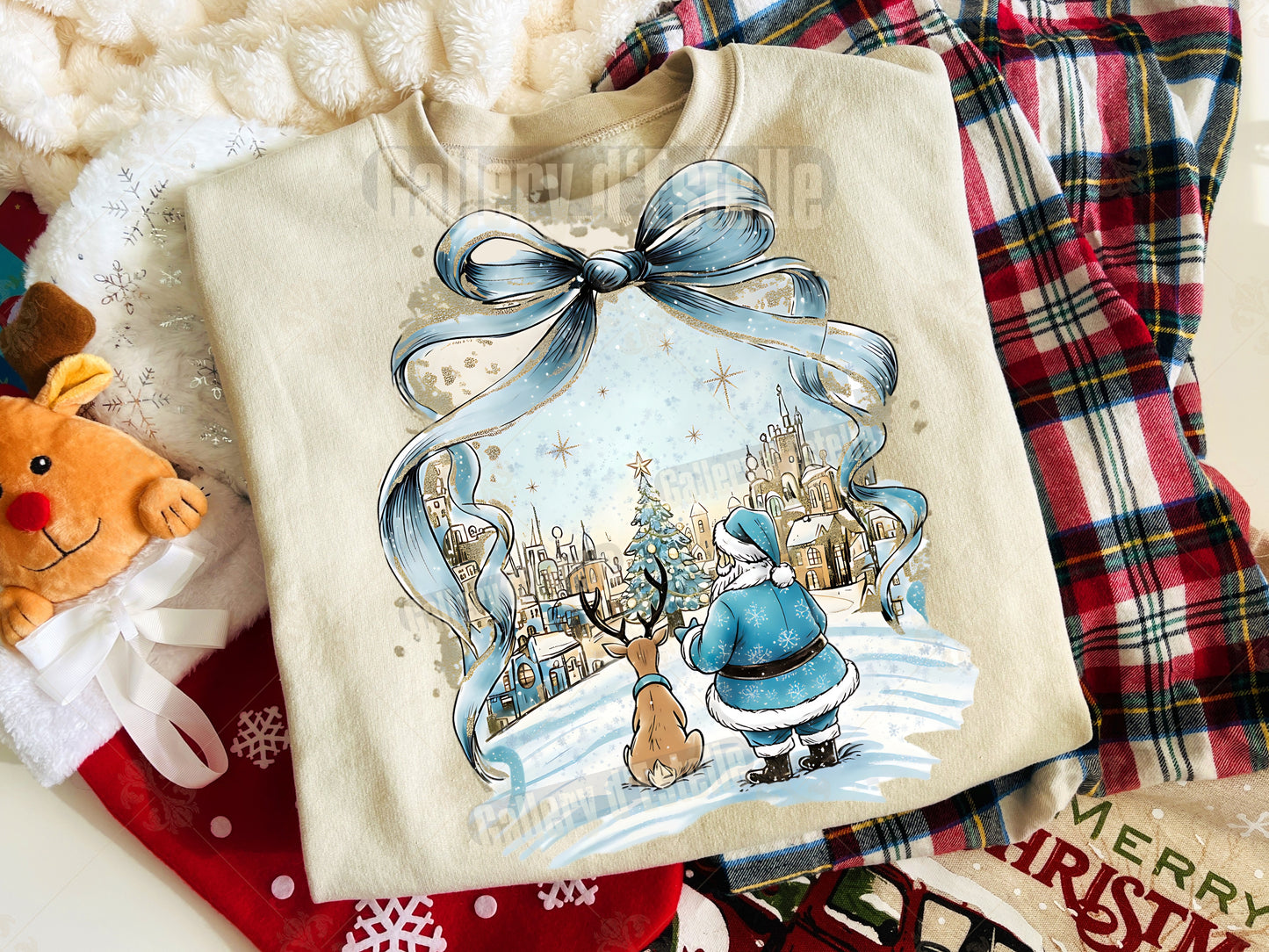 Blue Christmas Town PNG, Retro Santa and Reindeer, Whimsical Winter Holiday Sublimation, Coquette Shirt Design