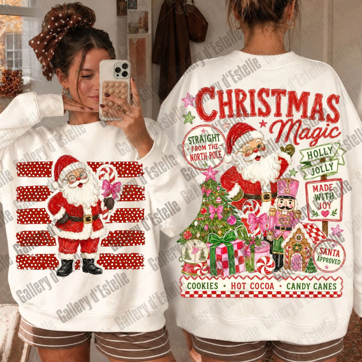 A white Christmas-themed sweatshirt shown from both front and back on a model. The front features a large graphic of Santa Claus on red-and-white striped background.