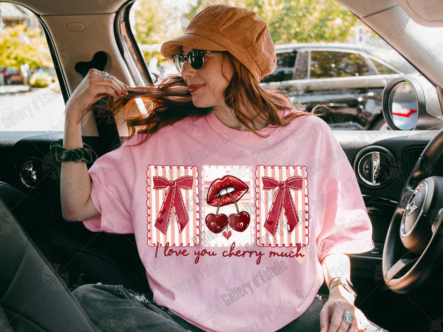 Love You Cherry Much PNG, Retro Cherry Lips Graphic, Coquette Valentine Stamp Collage, Trendy Pink Bow Shirt Design