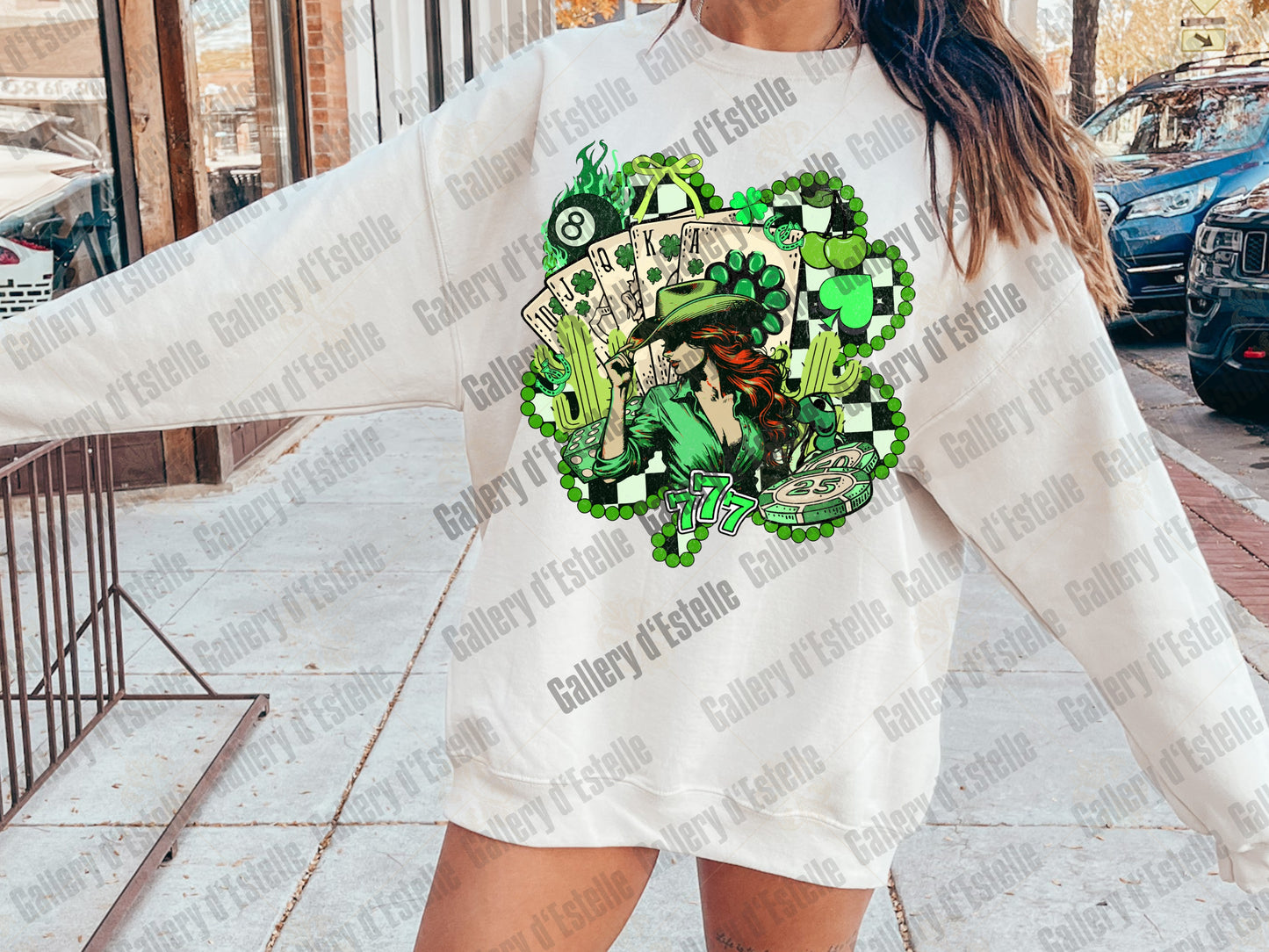 Western St Patricks Day Lucky Girl PNG, Checkered Turquoise Shamrock Graphic, Retro Cowgirl Playing Cards Design, Country Shirt Sublimation