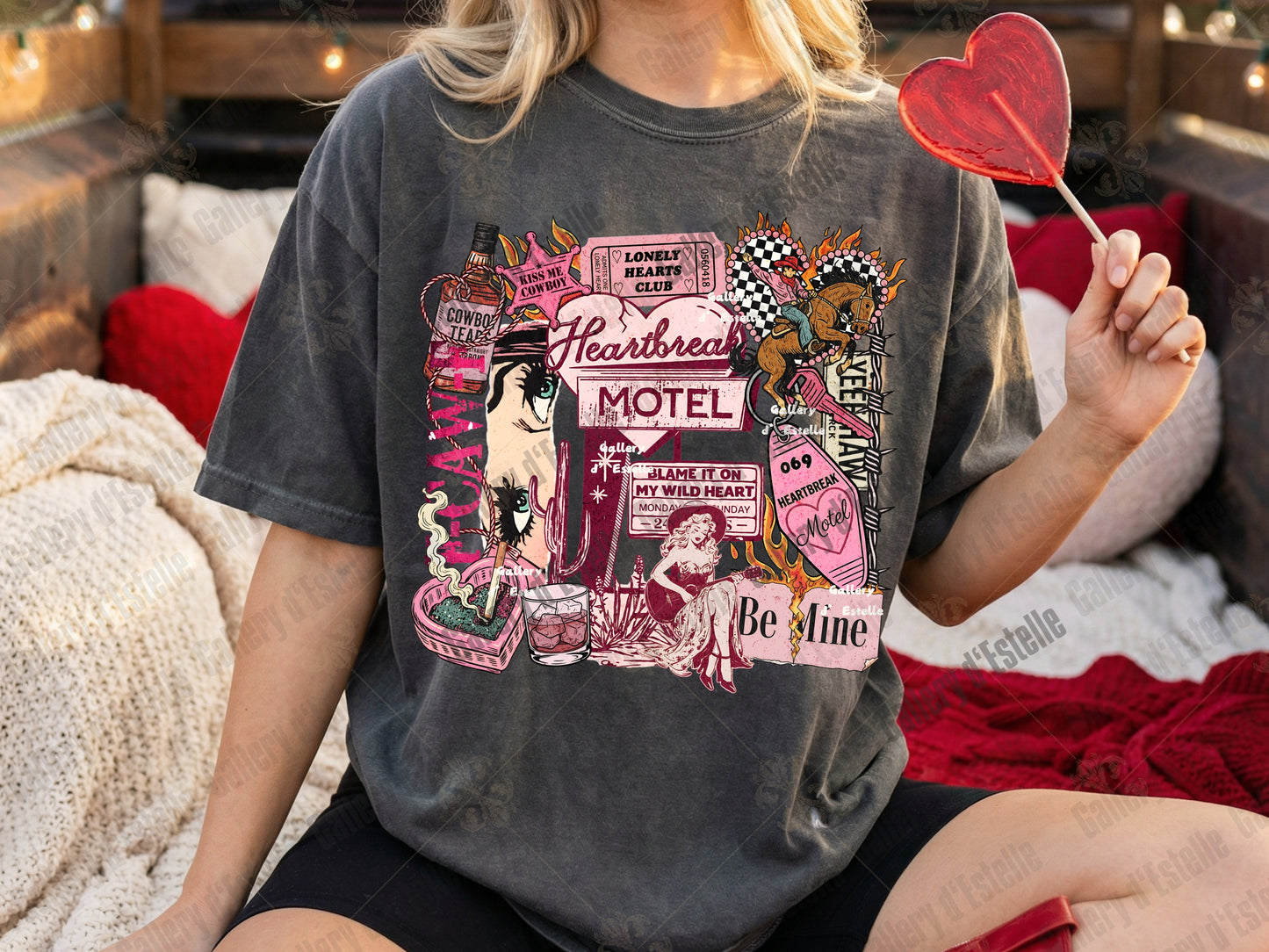 Heartbreak Motel Collage PNG, Retro Western Love Graphic, Edgy Cowgirl Breakup Art, Trendy Anti Valentine Shirt PNG