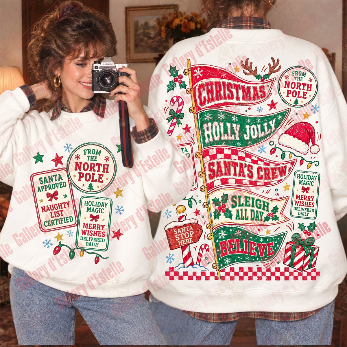 A person modeling a white Christmas-themed sweatshirt, shown from both the front and back. The sweatshirt features colorful holiday graphics including 'Christmas Holly Jolly', 'Santa's Crew', 'From the North Pole', and 'Believe' in red, green, and red-and-white checkered patterns.