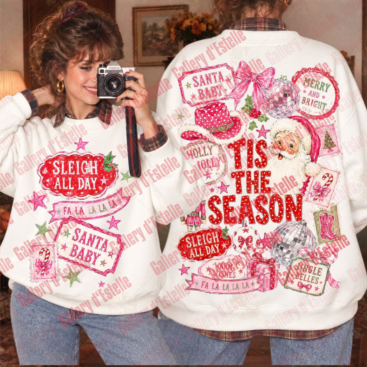 Two women modeling matching white Christmas sweaters with red and pink holiday graphics, including 'Santa Baby', 'Sleigh All Day', and 'Tis the Season'.