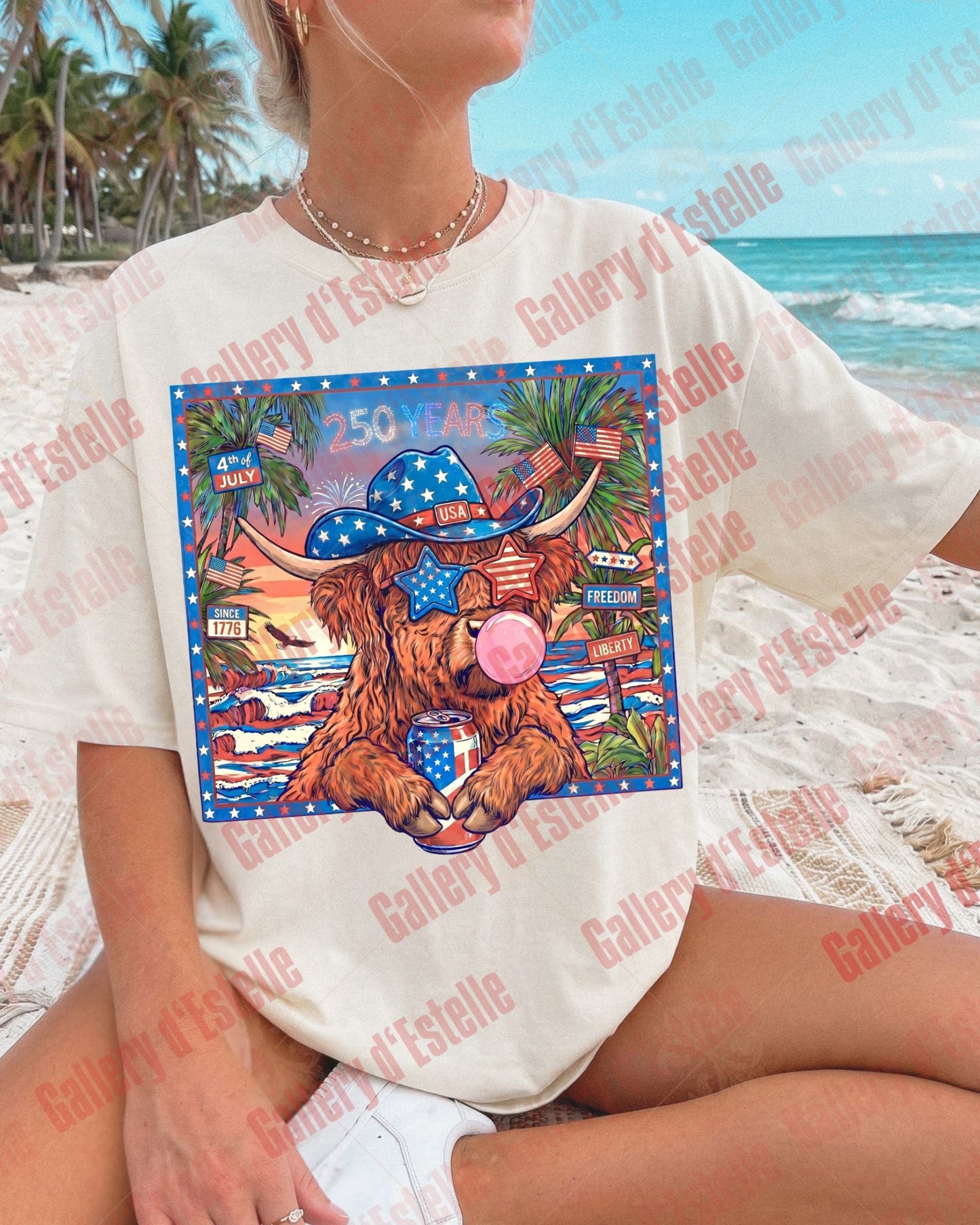 Patriotic Highland Cow PNG, Western 4th of July Graphic, Trendy USA Freedom Shirt Design