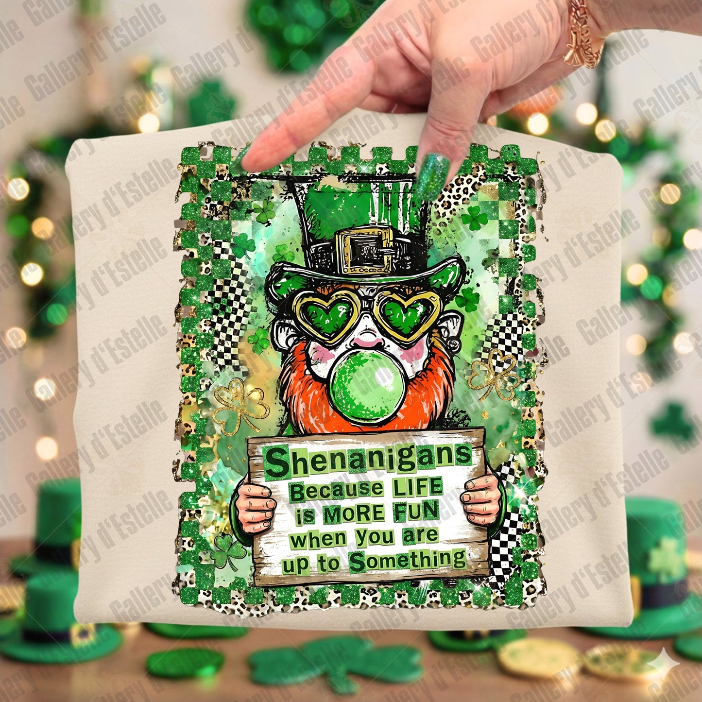 Shenanigans St Patrick’s Day PNG, Retro Leprechaun Graphic, Checkered Leopard Shamrock Art, Funny Lucky Shirt Design
