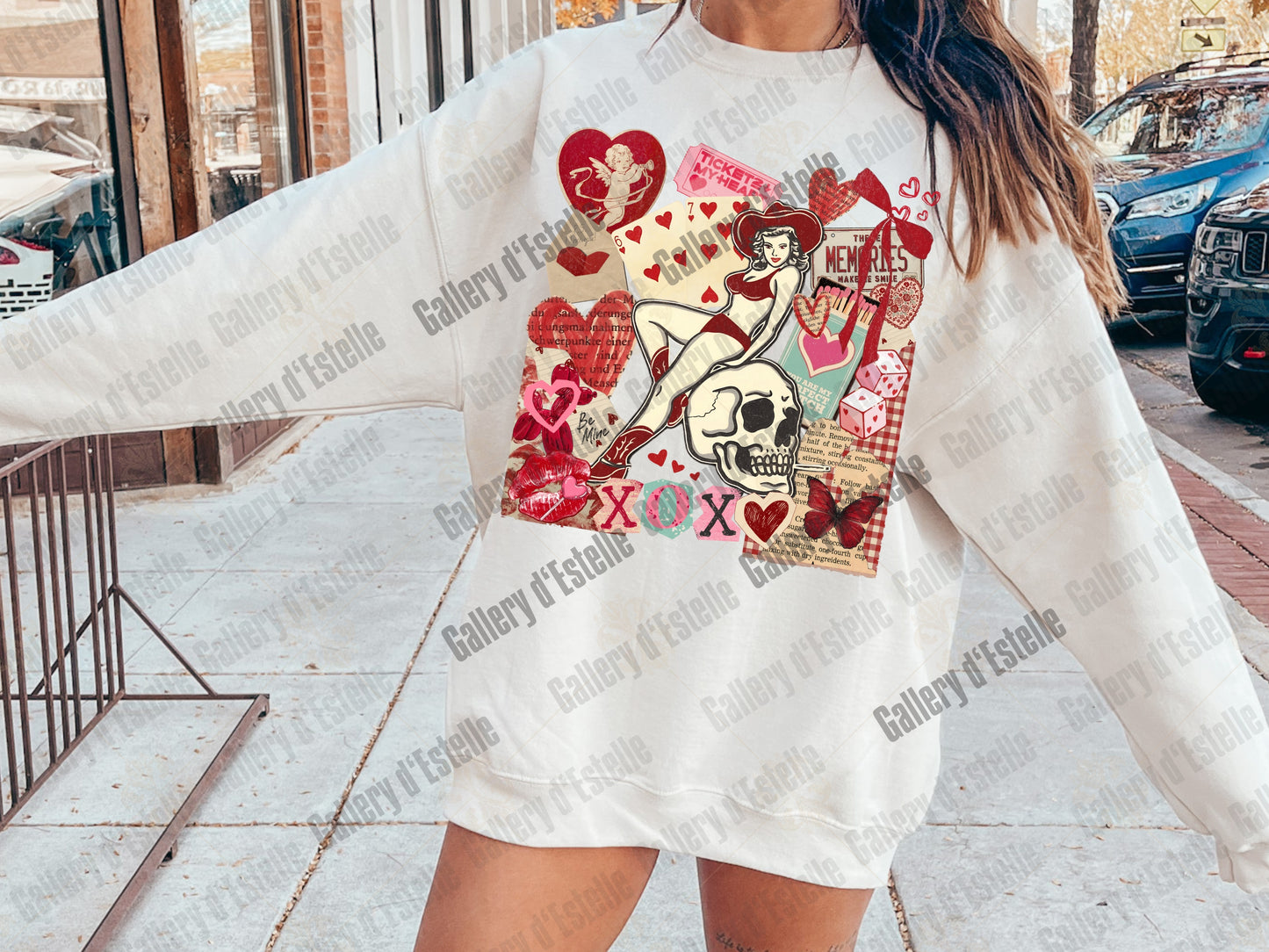 Retro Cowgirl Love Collage PNG, Edgy Y2K Valentine Graphic, Western Pinup Skull Art, Trendy Love Shirt Design