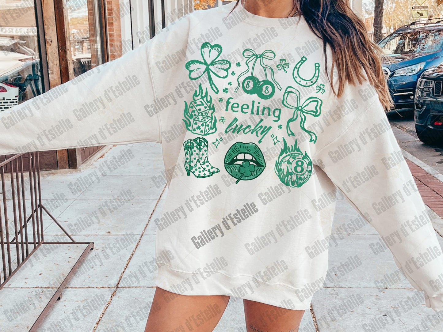 Feeling Lucky PNG, Retro Lucky Western Collage, Shamrock Dice 8 Ball Graphic, Trendy St Patrick’s Day Shirt Design