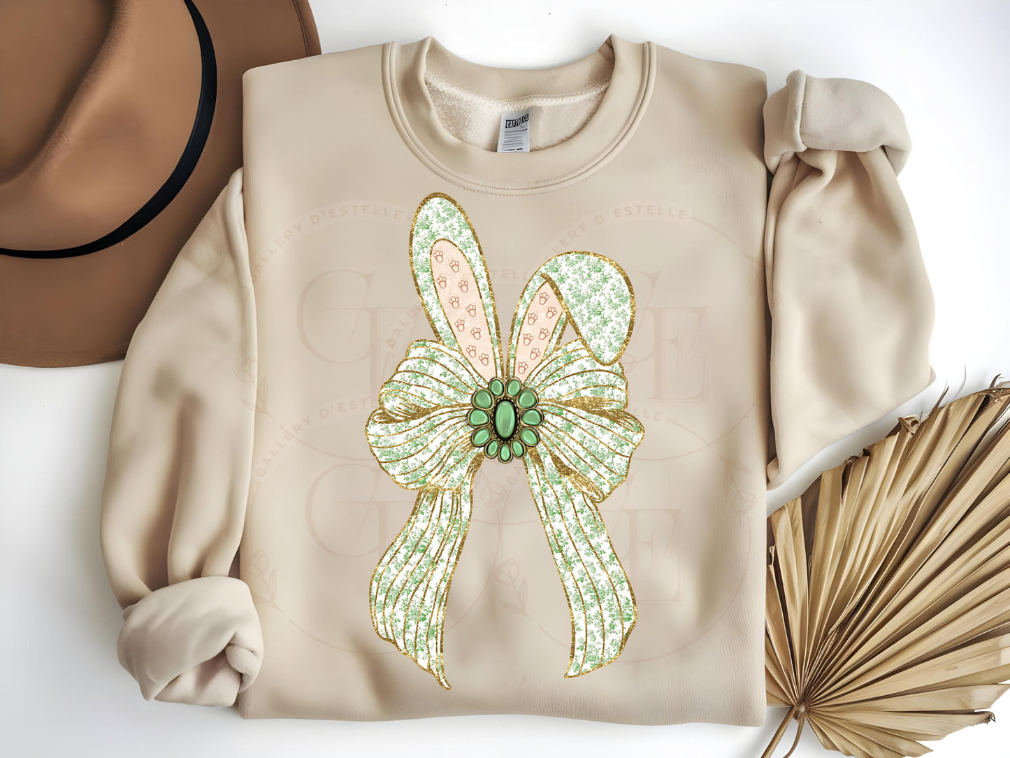 Coquette Easter Bunny Bow PNG, Green French Toile Glitter Graphic, Country Chic Shirt Design