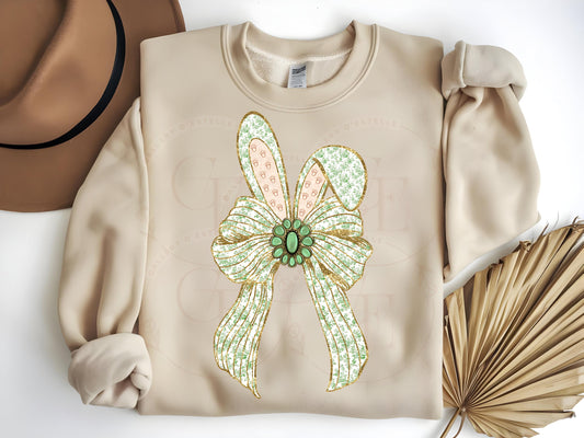 Coquette Easter Bunny Bow PNG, Green French Toile Glitter Graphic, Country Chic Shirt Design