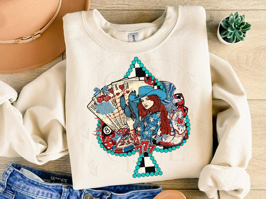 4th of July Feeling Lucky PNG, Western Patriotic Cowgirl Casino Art, Checkered Turquoise Spade Graphic, Trendy Independence Day Shirt Design