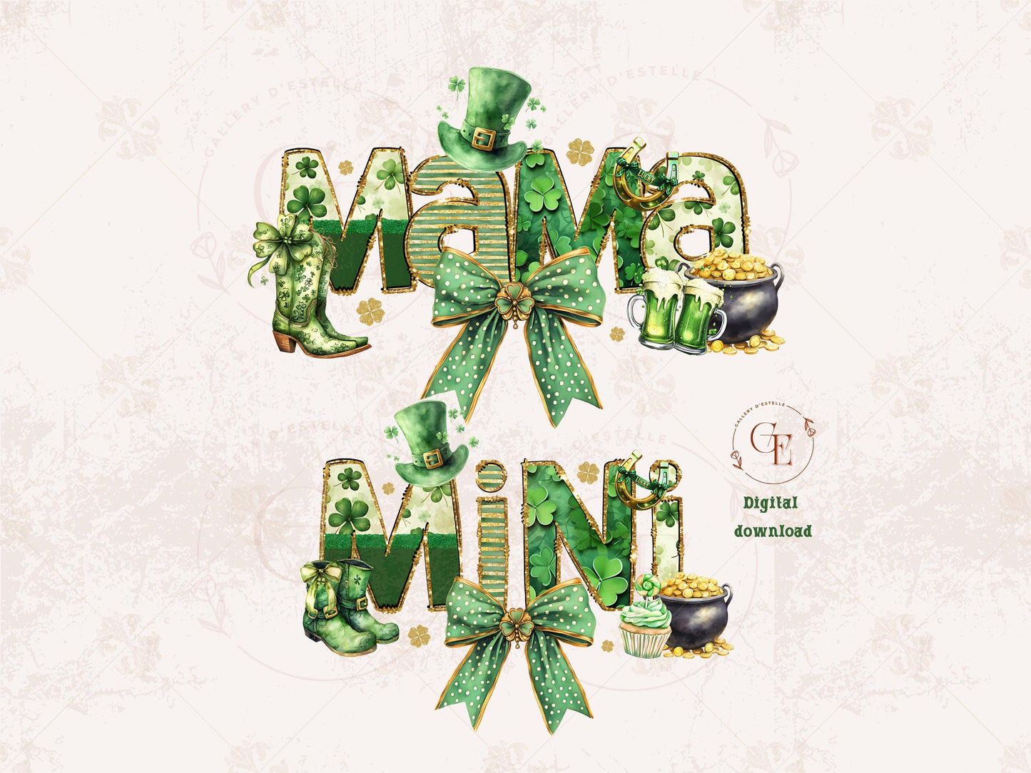 Mama Mini PNG, Glittery Coquette St. Patricks Day Graphic, Lucky Irish Charm Bow Art, Trendy Girl Shirt Design