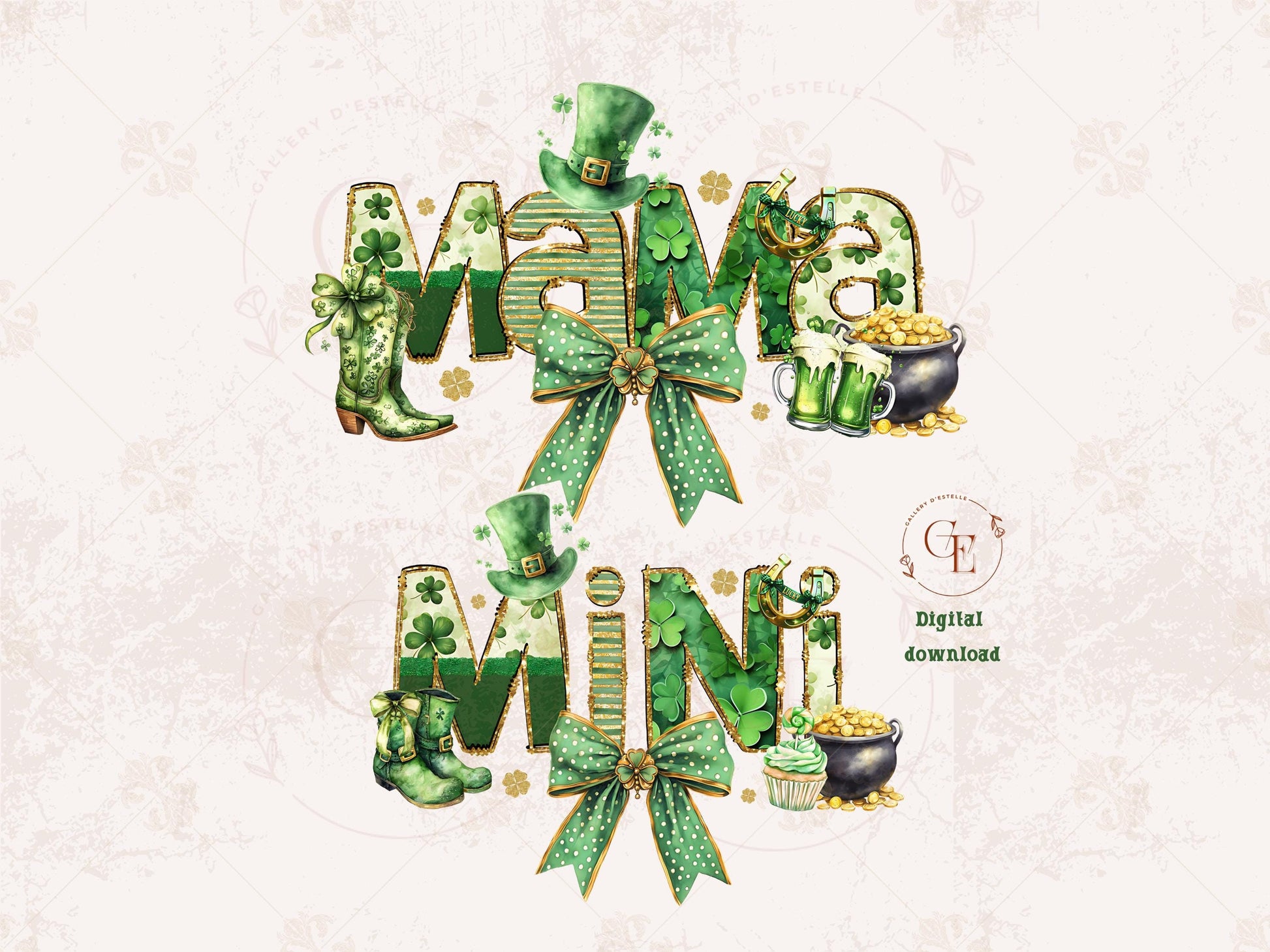 Mama Mini PNG, Glittery Coquette St. Patricks Day Graphic, Lucky Irish Charm Bow Art, Trendy Girl Shirt Design