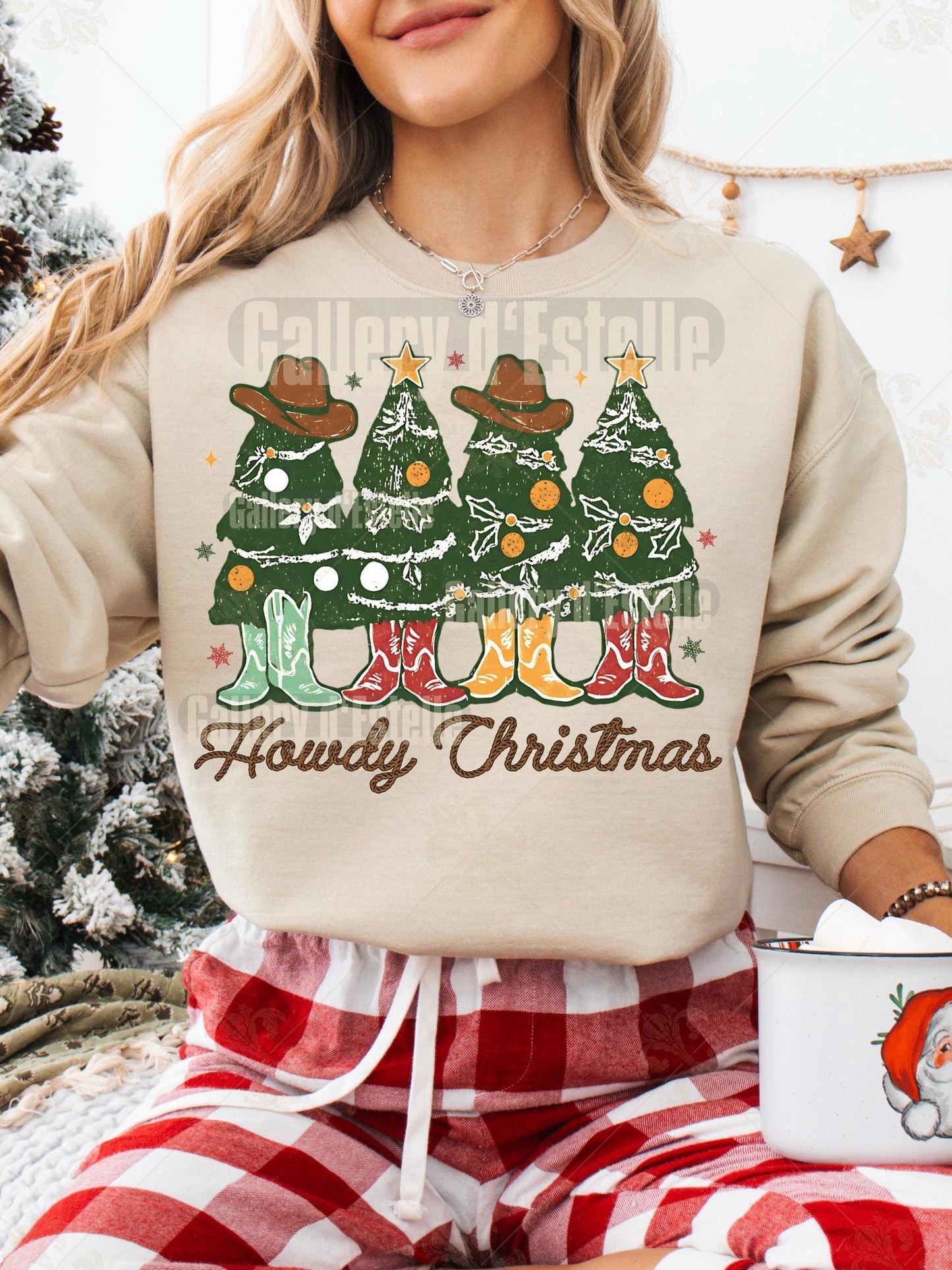 Howdy Christmas Trees PNG, Retro Western Holiday Graphic, Festive Cowboy Art, Trendy Country Shirt Design
