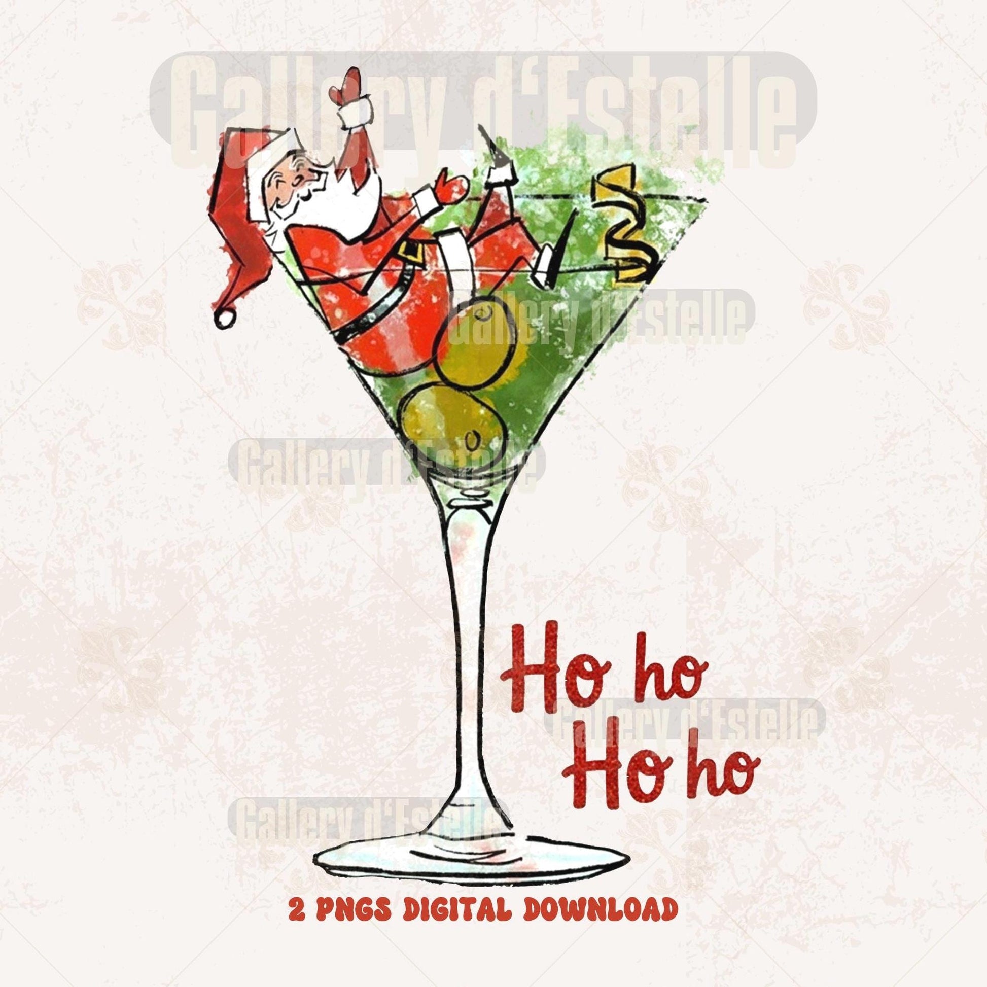 Illustration of Santa Claus in a martini glass with olives, featuring 'Ho ho Ho ho' text on a light background.
