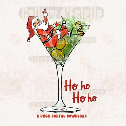 Illustration of Santa Claus in a martini glass with olives, featuring 'Ho ho Ho ho' text on a light background.