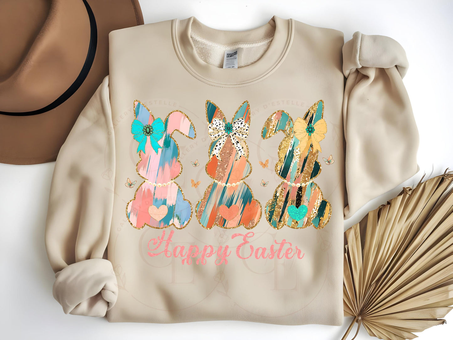 Coquette Easter Bunnies PNG, Gold Pink Brushstroke Art, Happy Easter Graphic, Trendy Country Shirt Design