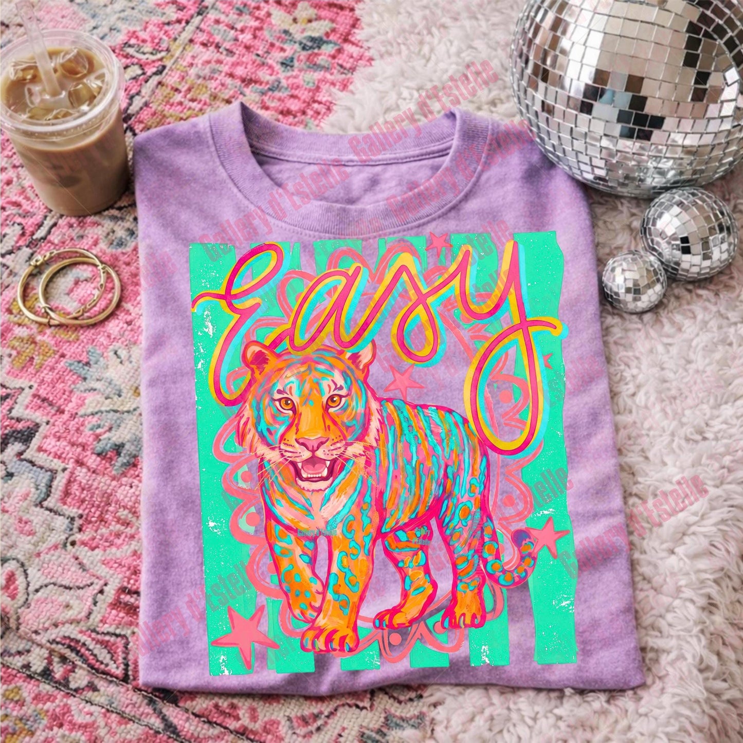 Preppy Easy Tiger PNG, Retro Summer Stripes Graphic, Funny Colorful Beach Shirt Design