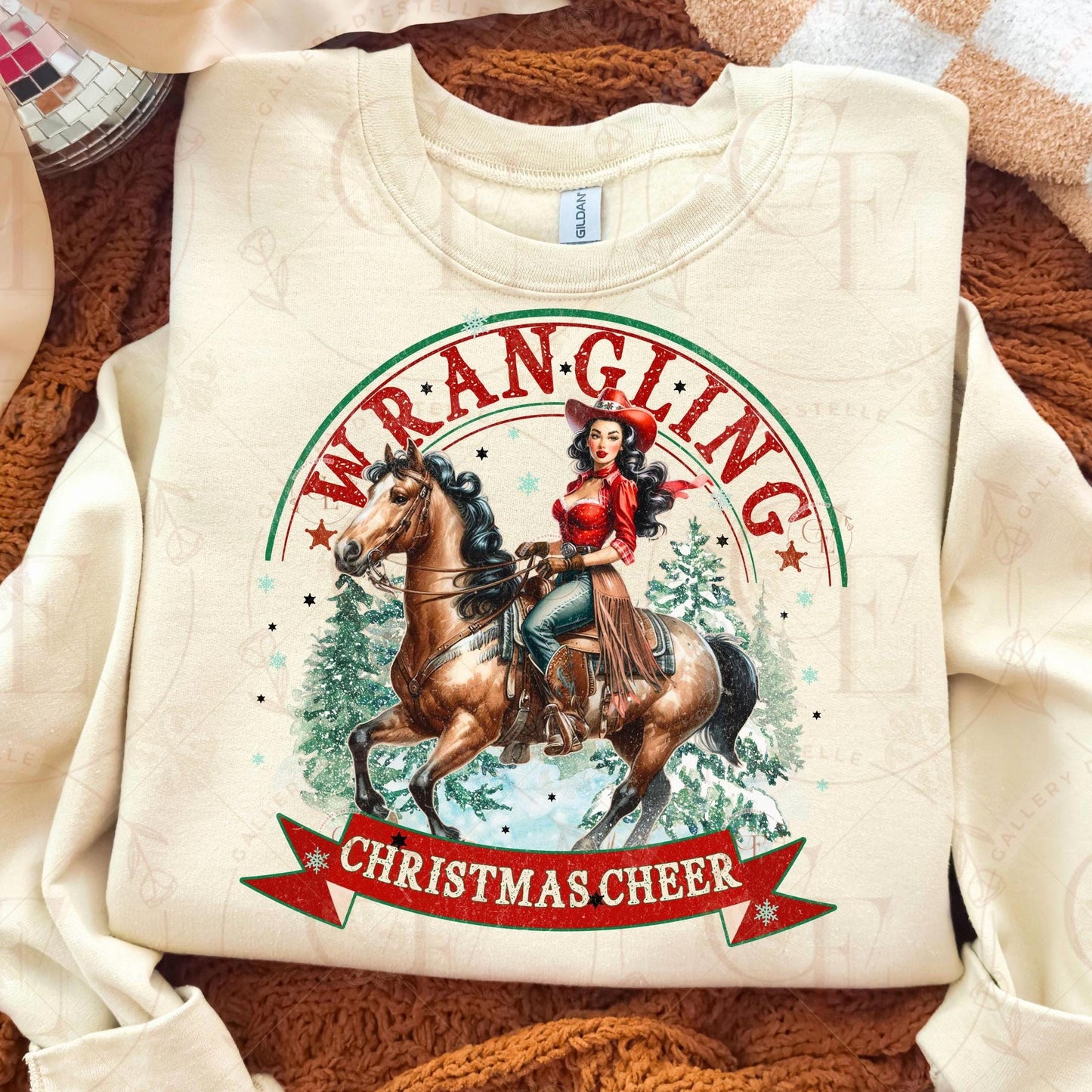 Wrangling Christmas Cheer PNG, Retro Cowgirl Holiday Graphic, Festive Westerm Rodeo Sublimation, Trendy Country Shirt Design