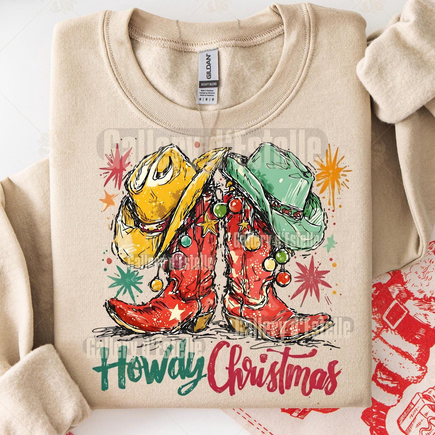 Western Howdy Boots PNG, Festive Cowboy Christmas Graphic, Coquette Cowgirl Holiday Shirt Design