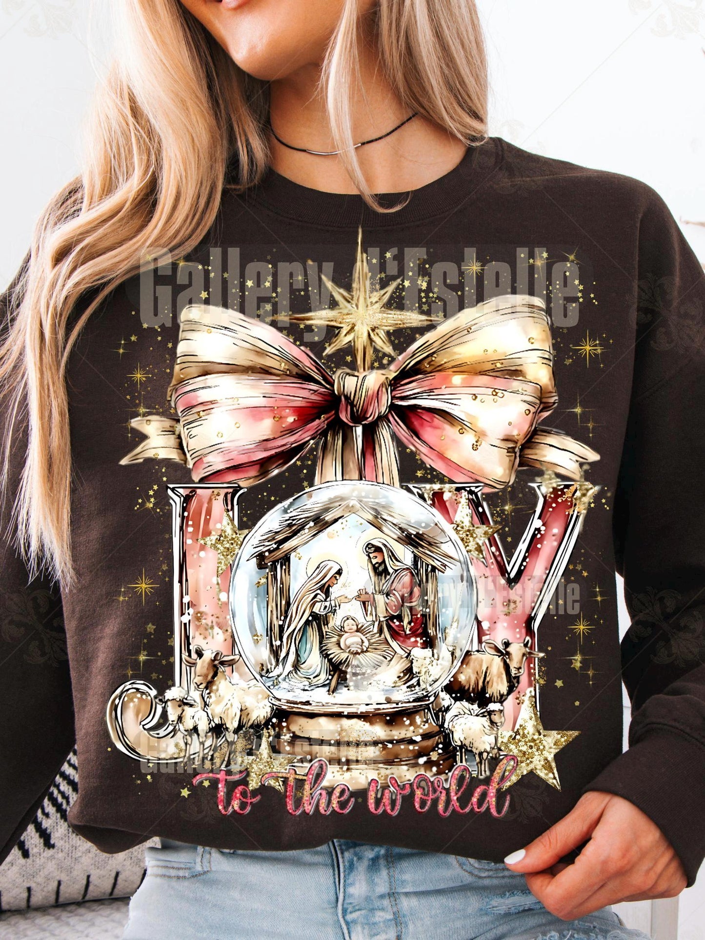 Joy to the World Nativity Scene PNG, Preppy Christian Graphic, Pink Christmas Sublimation, Coquette Holiday Shirt Design