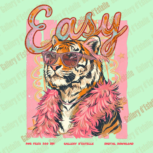 Tiger wearing sunglasses and a pink boa with 'Easy' text on a light green background