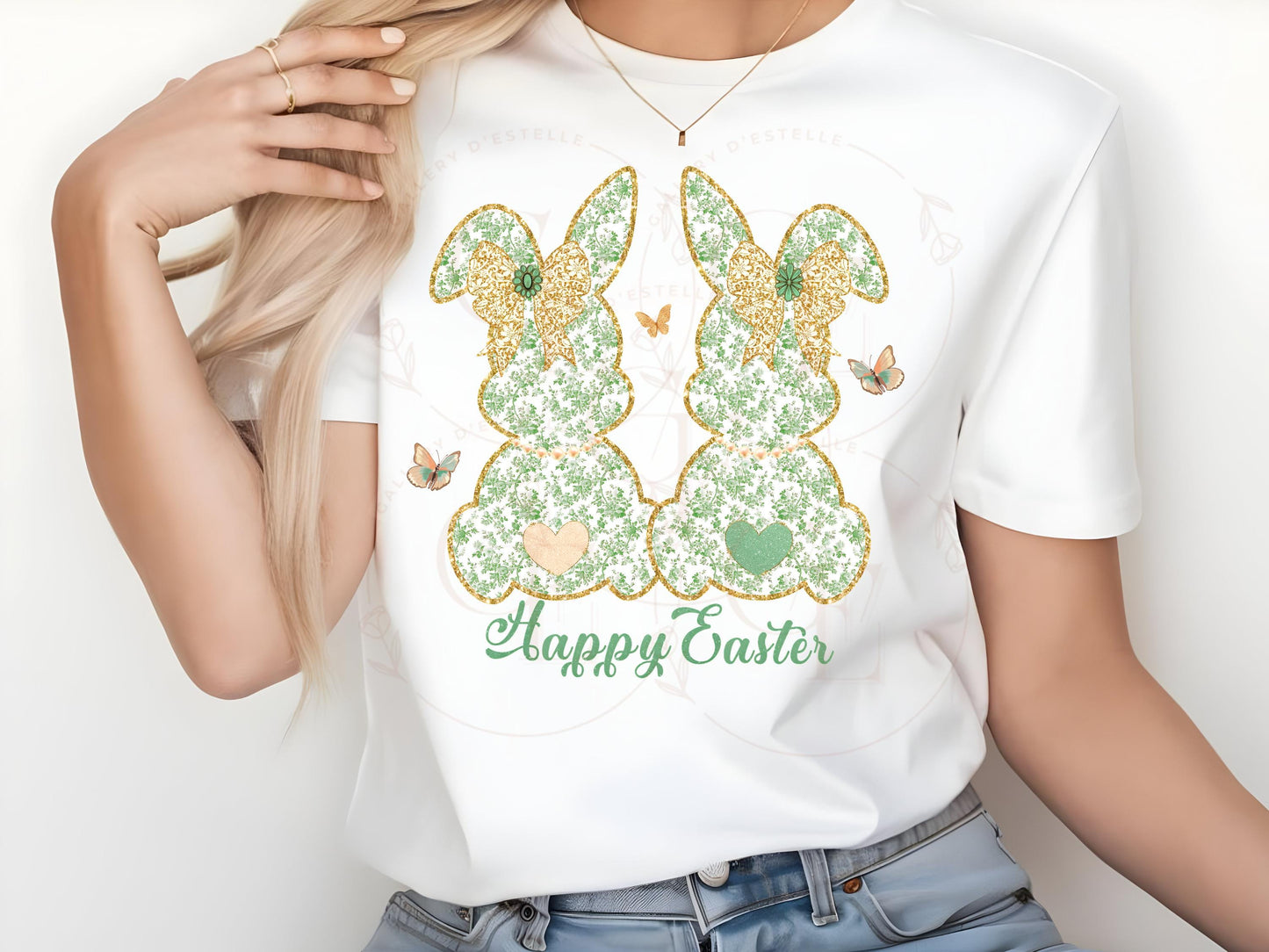 Coquette Green Toile Bunnies PNG, Vintage Glitter Lace Bow Graphic, Happy Easter Art, Country Chic Shirt Design