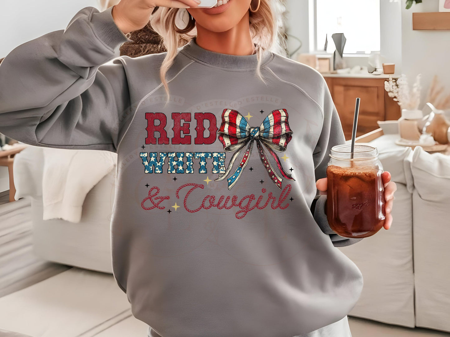 Red White & Cowgirl PNG, Retro Western 4th of July Graphic, Coquette Patriotic Rodeo Shirt Design