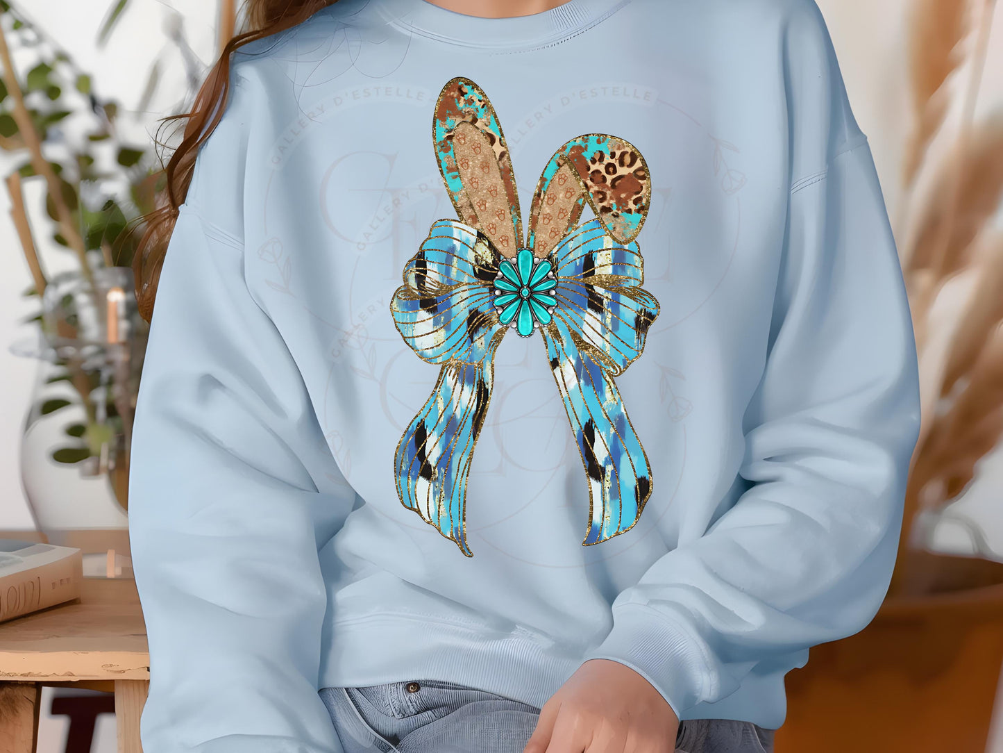 Western Coquette Glitter Bow PNG, Blue Brushstroke Easter Bunny Graphic, Trendy Cowgirl Shirt Design