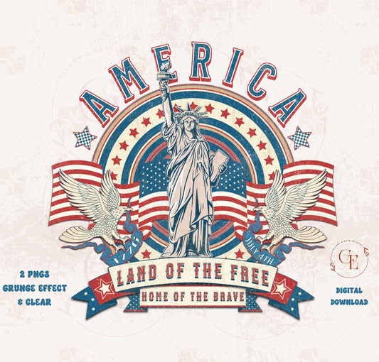America Land of the Free PNG featuring vintage Statue of Liberty with patriotic 4th of July graphic for Independence Day shirt design