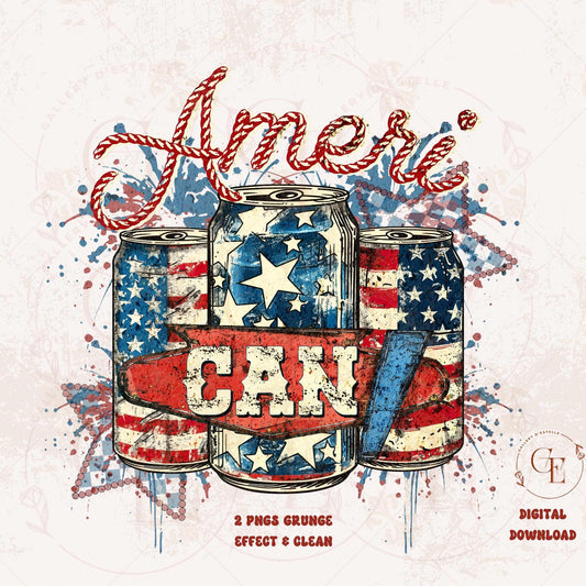 AmeriCan PNG featuring retro beer can with American flag checkered pattern, stars and stripes design for 4th of July patriotic party shirt