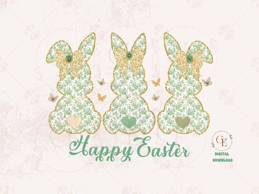 French Green Toile Bunnies PNG, Vintage Glitter Lace Bow Graphic, Coquette Happy Easter Art, Country Chic Shirt Design