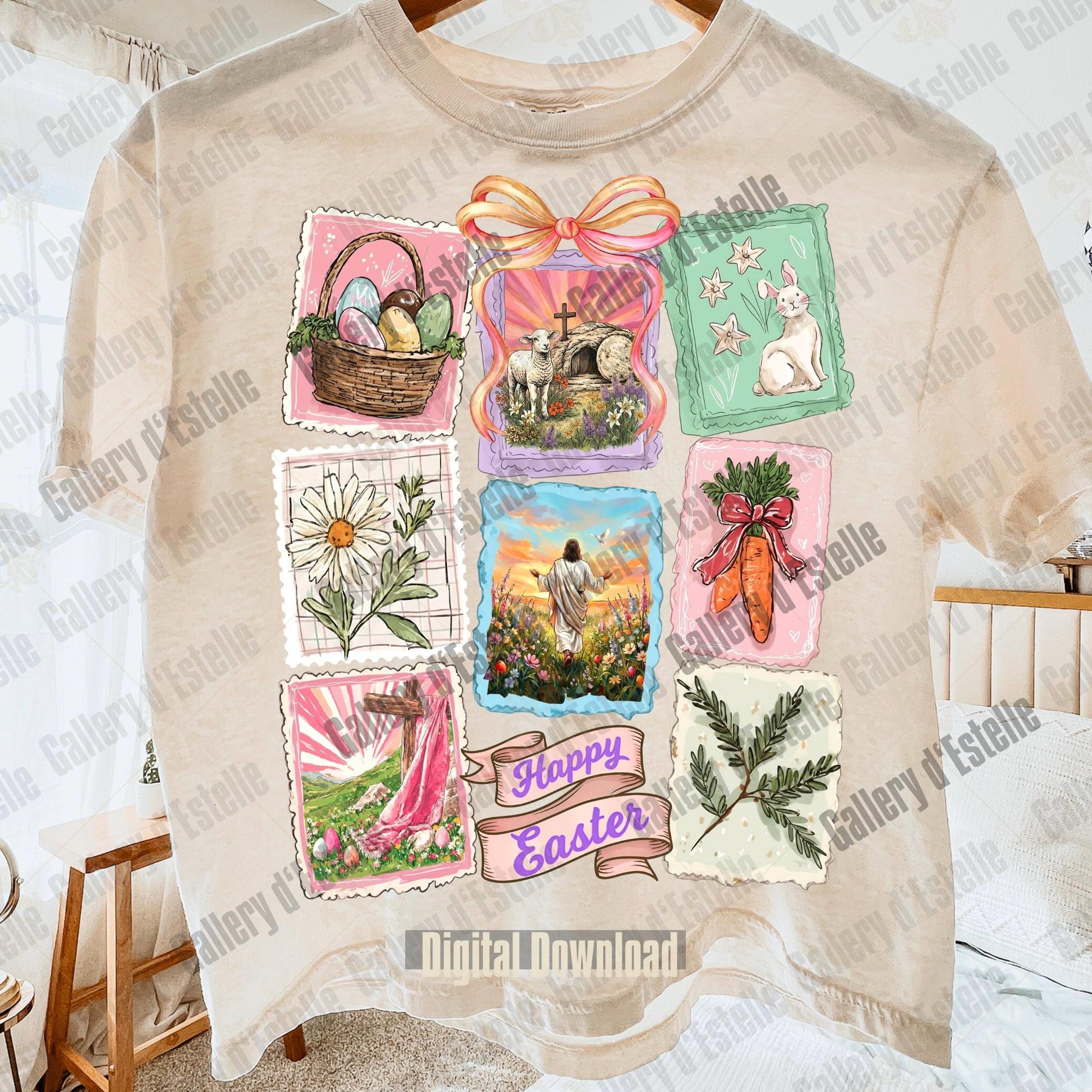 Beige t-shirt with Easter-themed graphics and text on a white background.