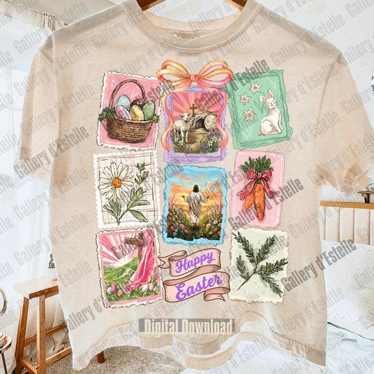 Beige t-shirt with Easter-themed graphics and text on a white background.