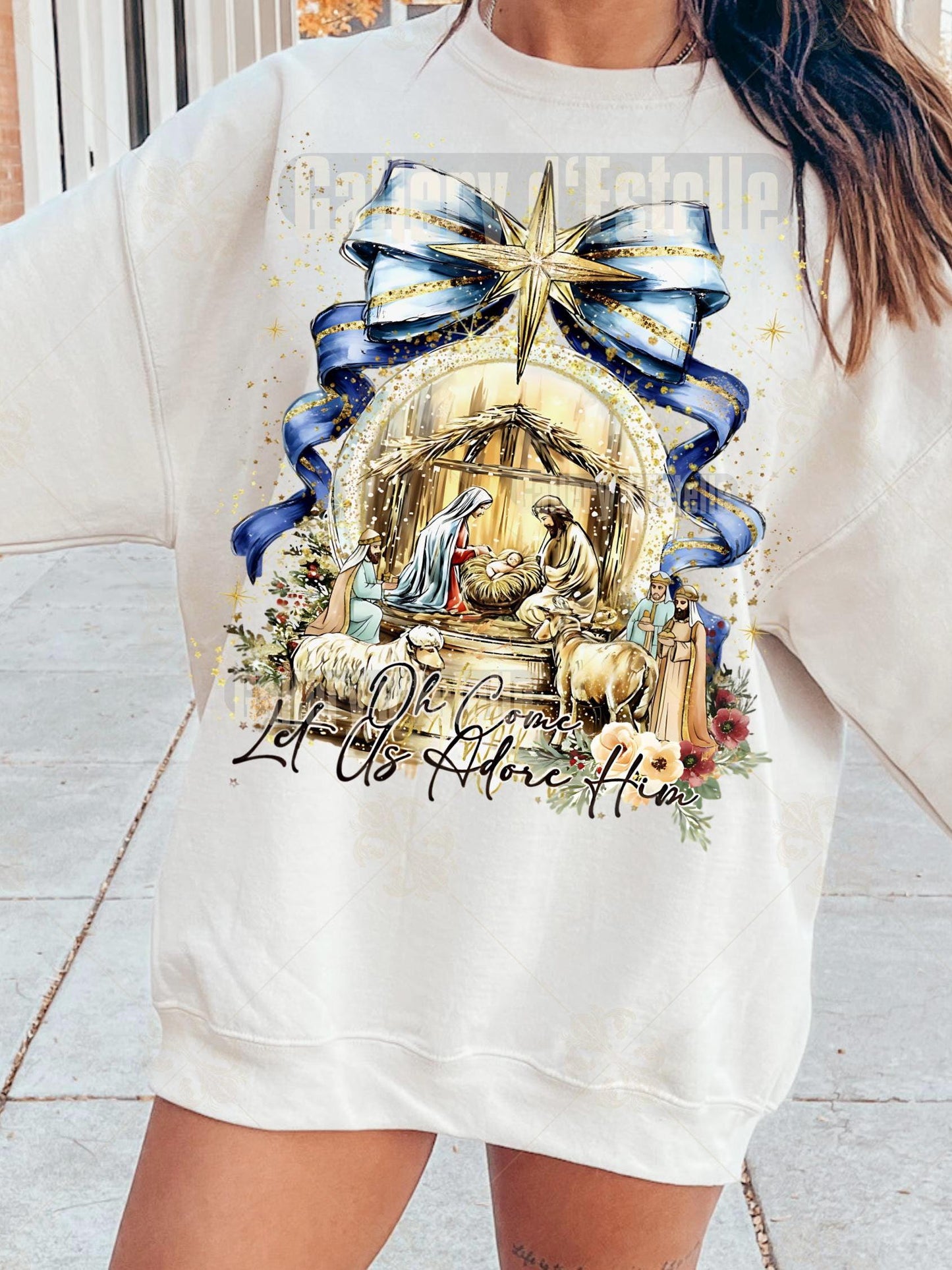 Coquette Nativity Scene PNG, Let Us Adore Him Christian Graphic, Glitter Christmas Sublimation, Cute Holiday Shirt Design