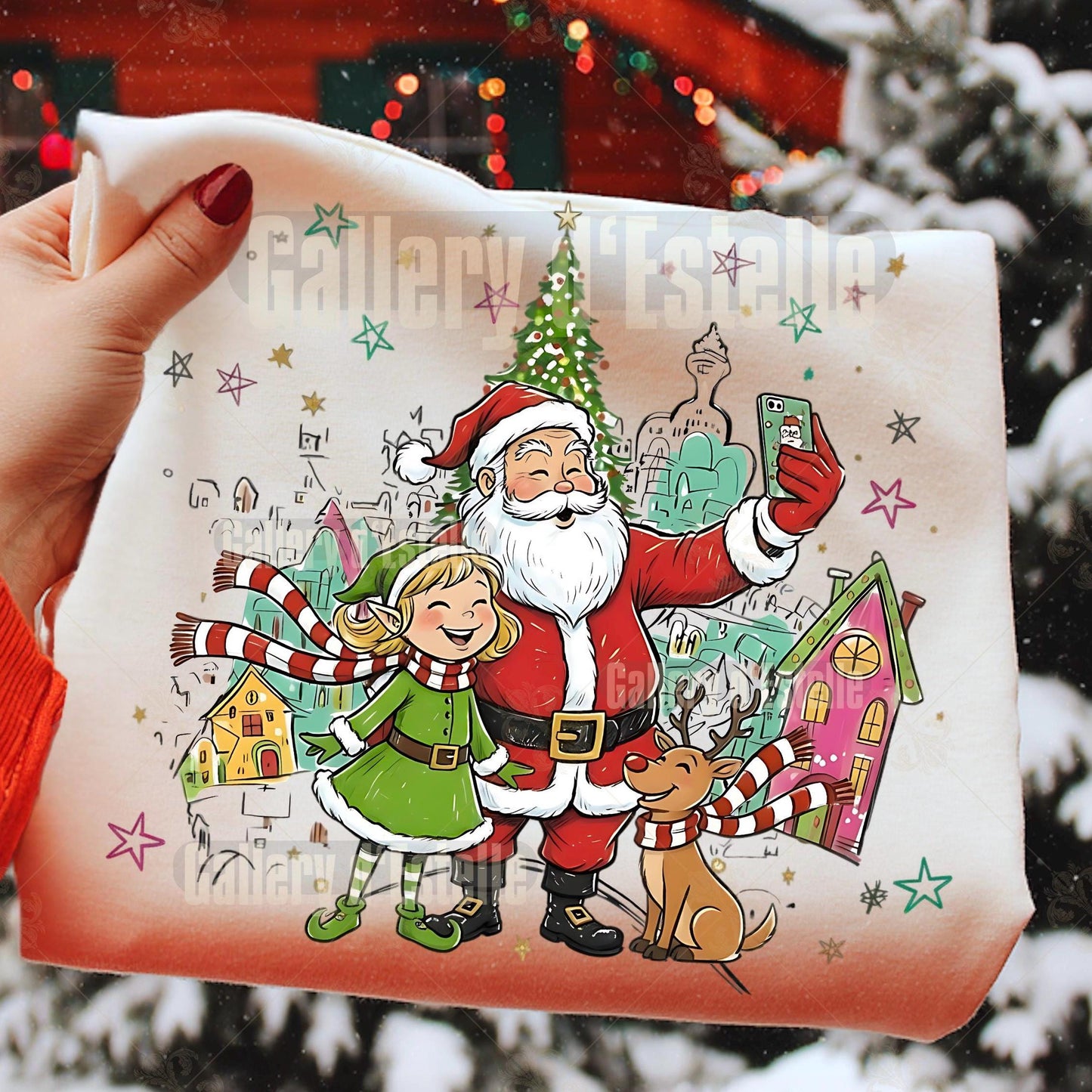 Retro Christmas Town PNG, Whimsical Santa and Elf Graphic, Preppy Holiday Scene Design, Festive Shirt Sublimation