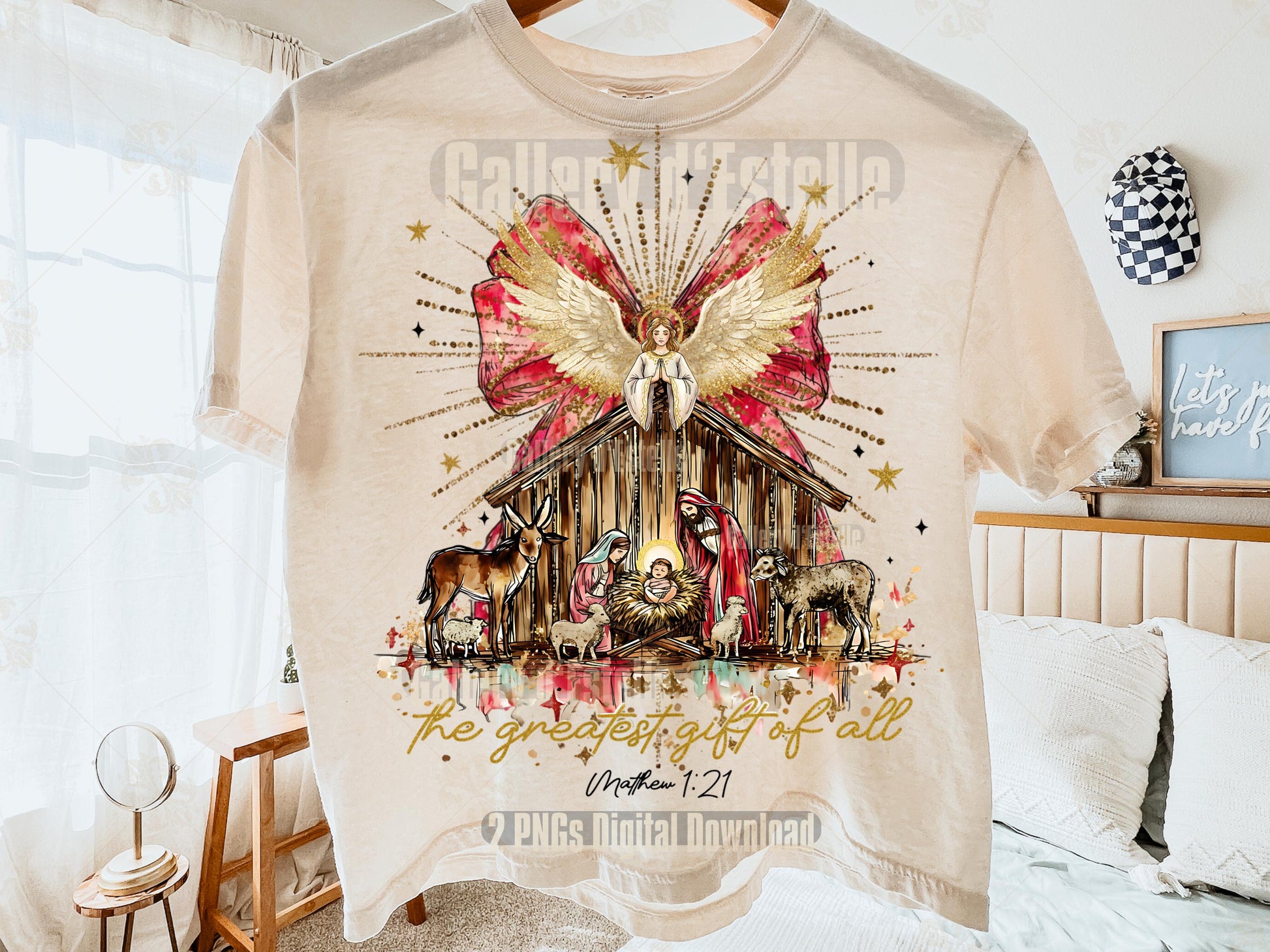 Preppy Nativity PNG, Glittery Christmas Scene Graphic, Religious Holiday Sublimation, Coquette Christian Shirt Design