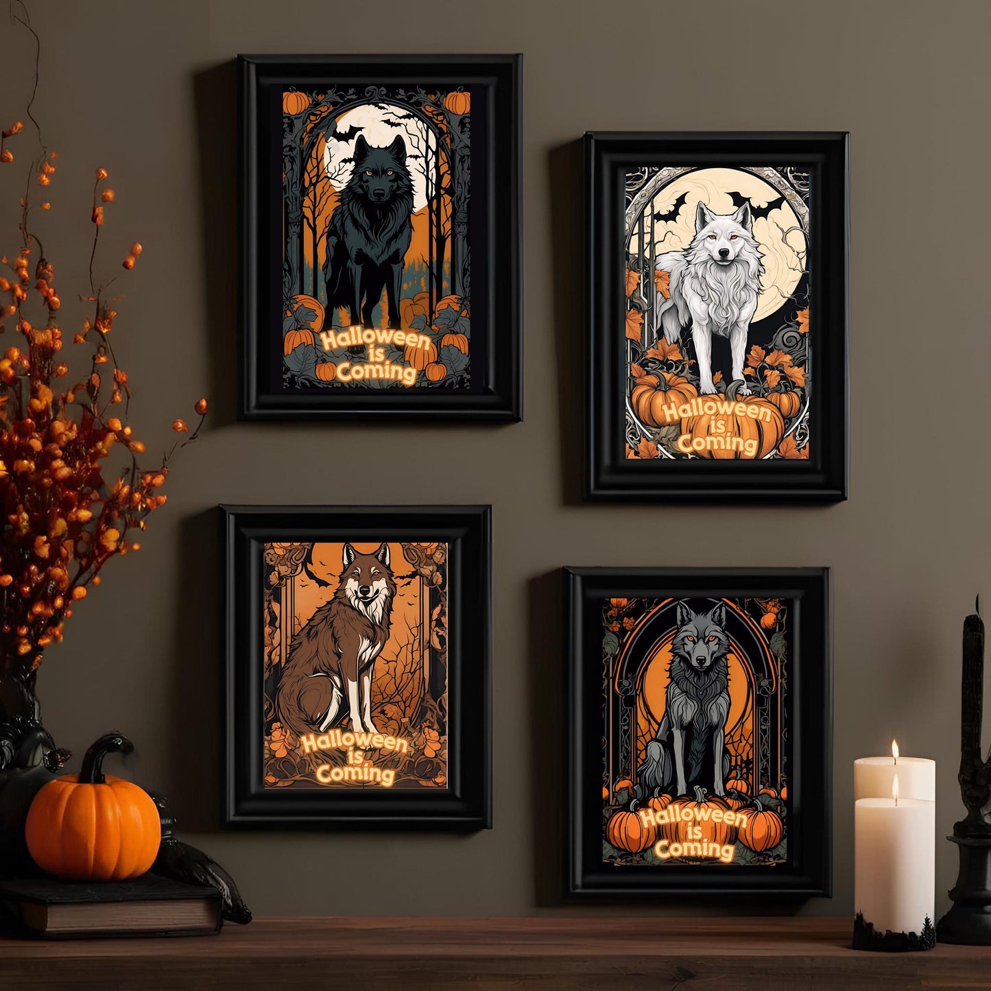 Halloween Wolves Wall Art Bundle, "House Spark" Spooky Halloween Art Nouveau Decoration