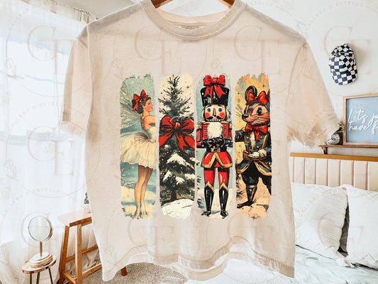 Nostalgic Christmas Brushstroke PNG, Retro Holiday Collage, Vintage Ballerina Nutcracker Tree Festive Shirt Design