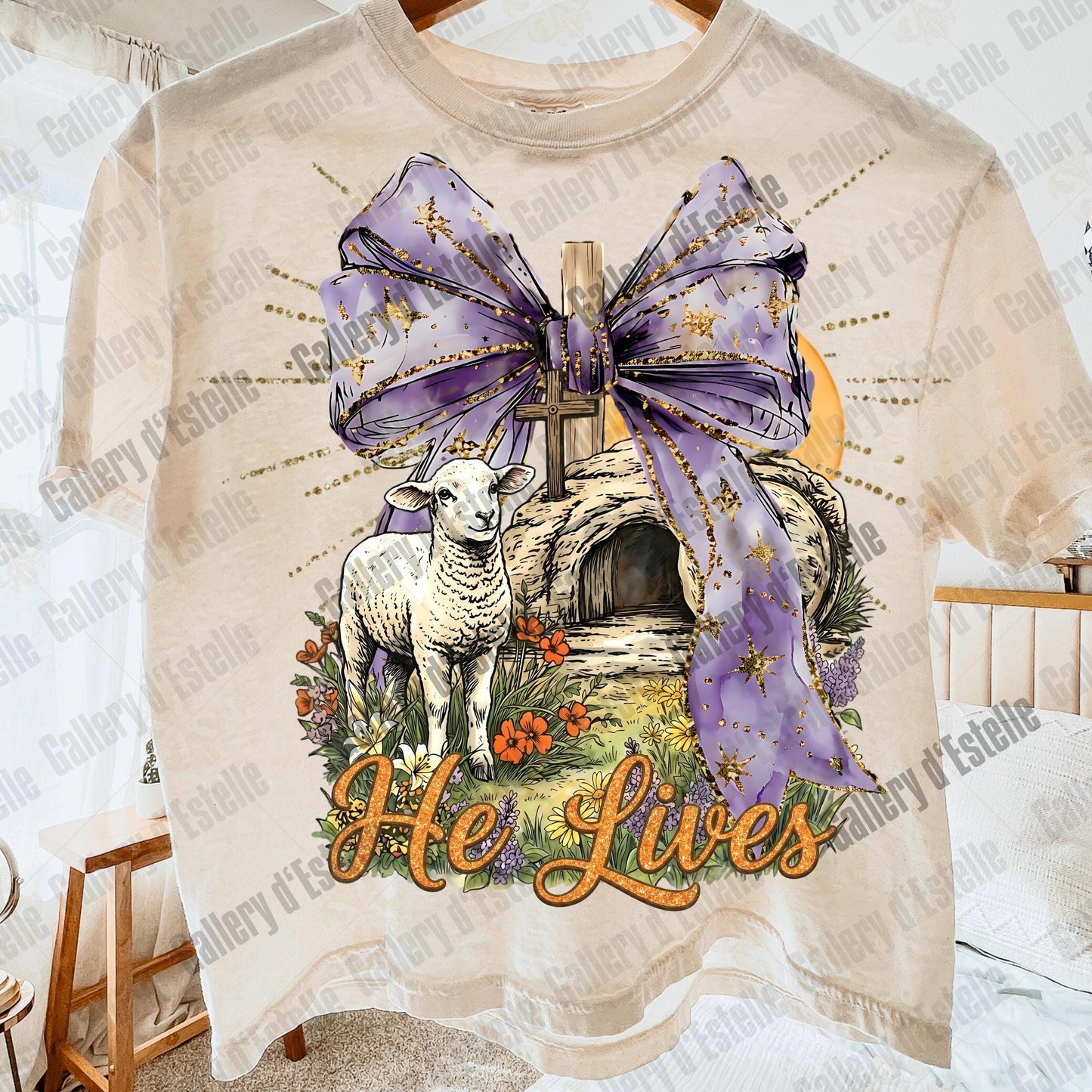 He Lives Easter PNG, Preppy Christian Resurrection Art, Retro Religious Lamb Graphic, Coquette Faith Shirt Design