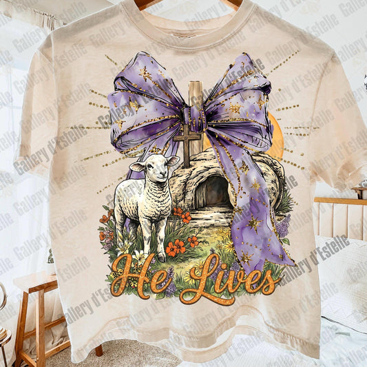 He Lives Easter PNG, Preppy Christian Resurrection Art, Retro Religious Lamb Graphic, Coquette Faith Shirt Design
