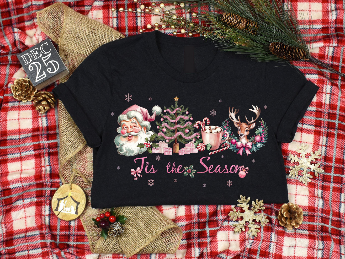 Tis the Season Christmas PNG, Retro Pink Holiday Graphic, Cute Santa and Reindeer Design, Coquette Festive Shirt Sublimation