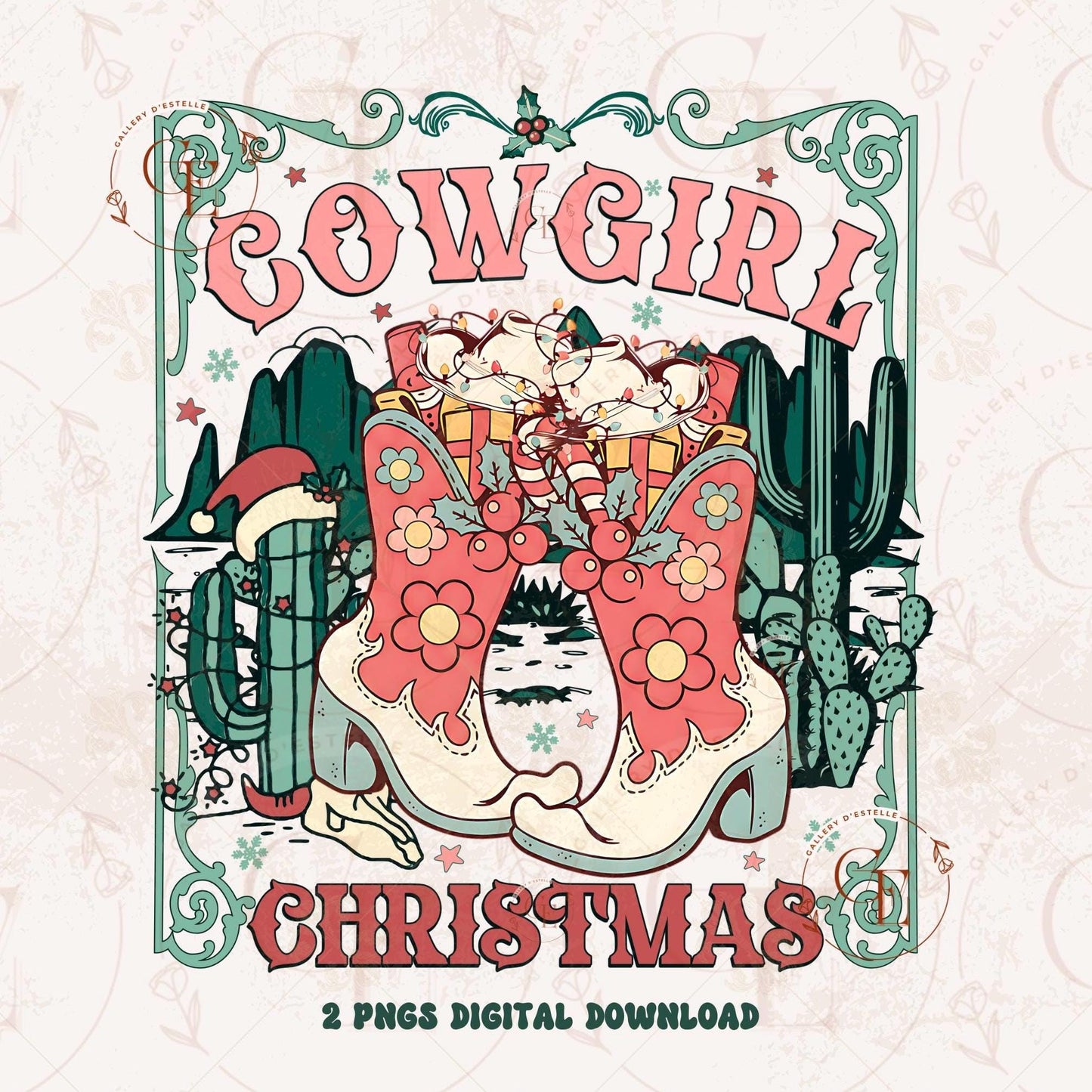 Coquette Cowgirl Christmas PNG, Retro Western Boots Holiday Graphic, Festive Country Shirt Sublimation Design
