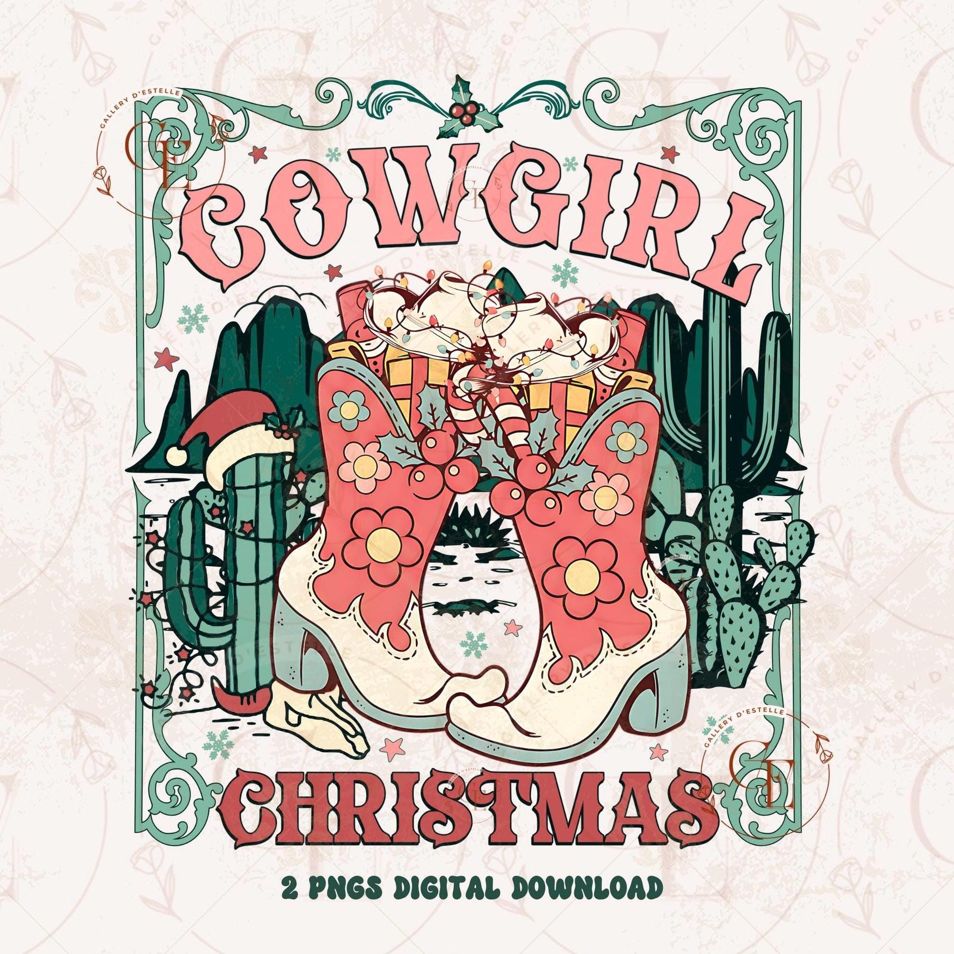 Coquette Cowgirl Christmas PNG, Retro Western Boots Holiday Graphic, Festive Country Shirt Sublimation Design