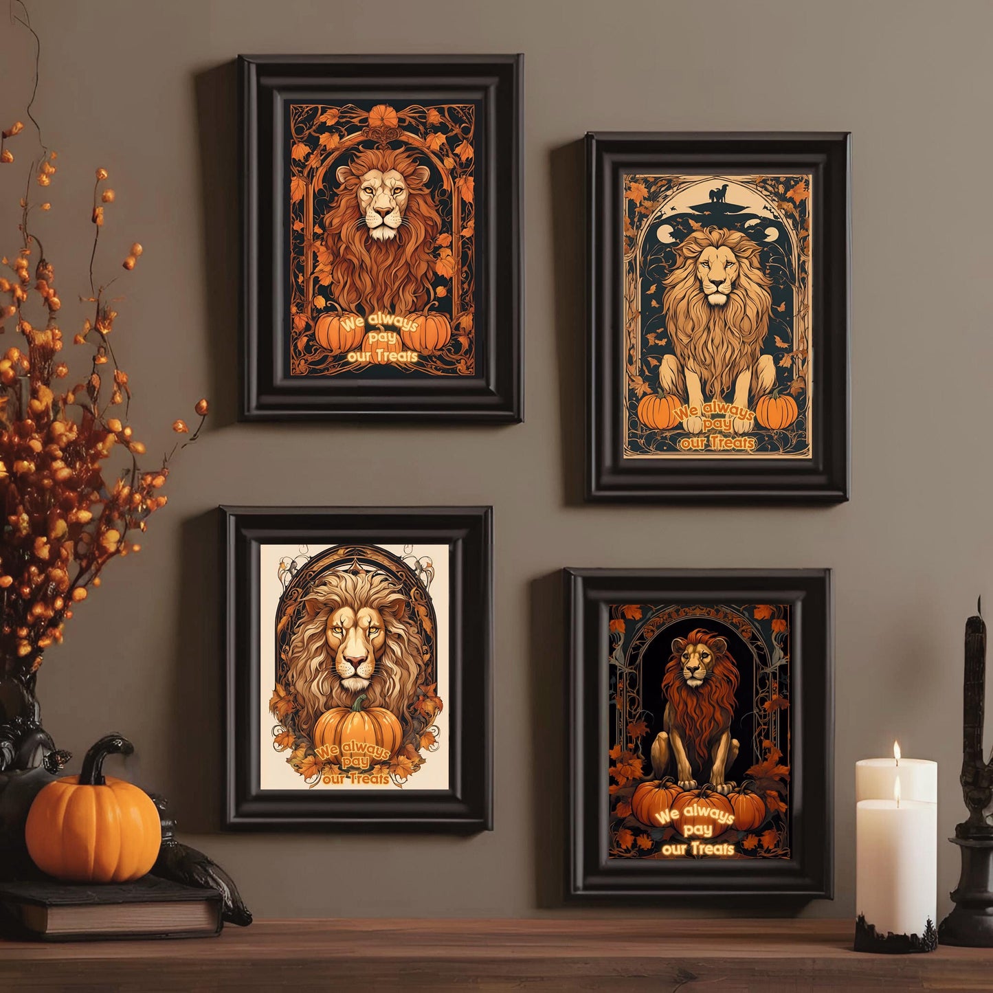 Halloween Lions Wall Art Bundle, "House Trickster" Spooky Decor and Art Nouveau Decoration for Halloween