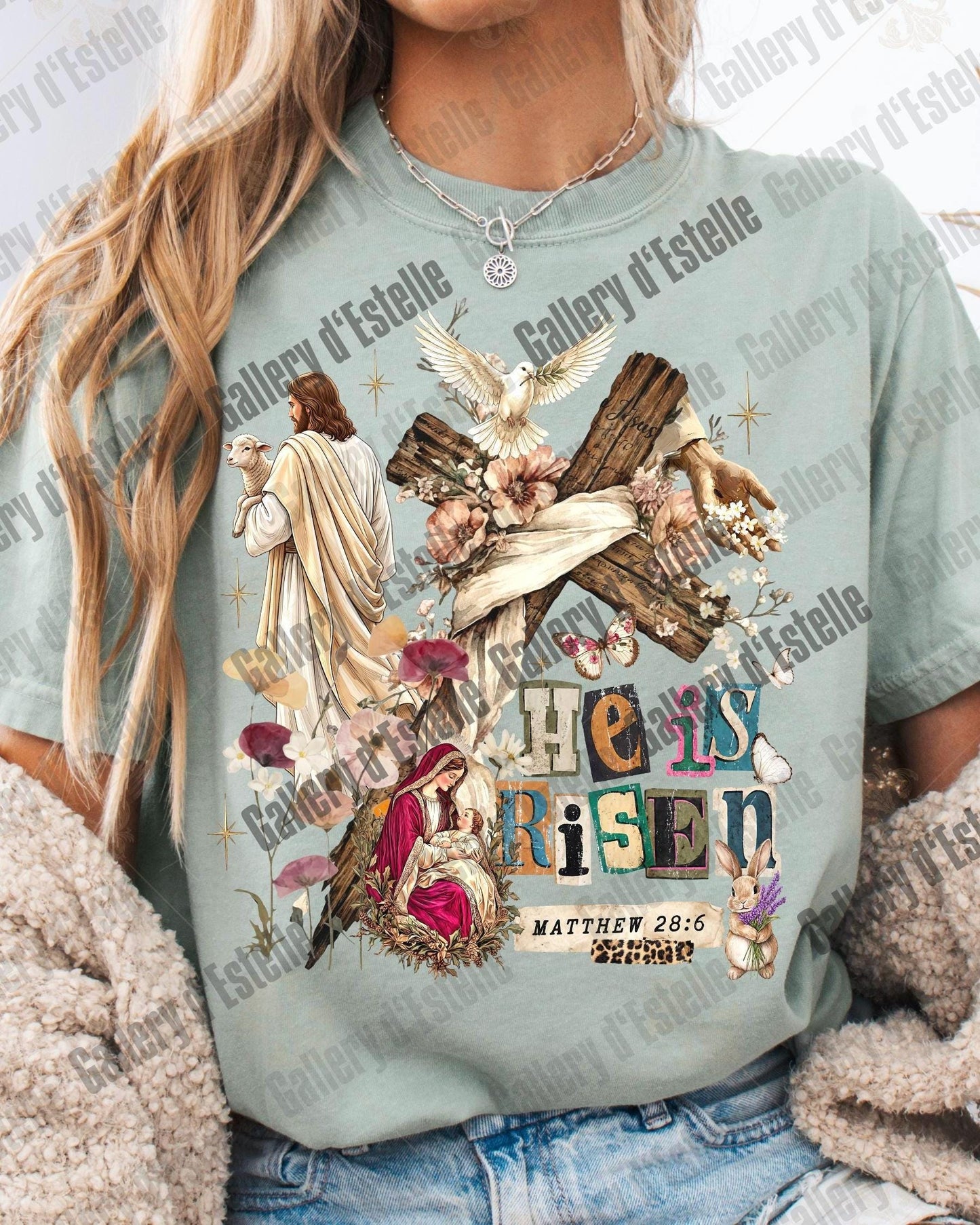 He Is Risen Collage PNG, Vintage Floral Easter Graphic, Coquette Christian Shirt Design