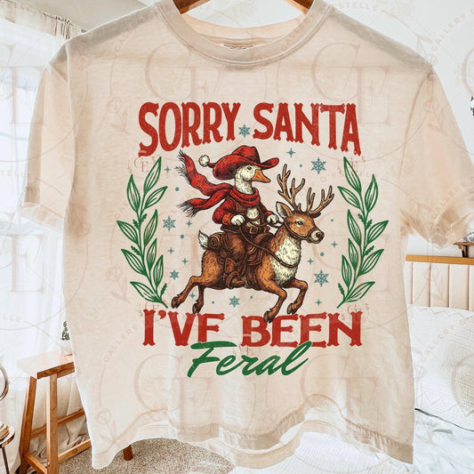 Sorry Santa I’ve Been Feral Goose PNG, Retro Western Cowboy Christmas Graphic, Funny Holiday Farmhouse Art, Festive Country Shirt Design