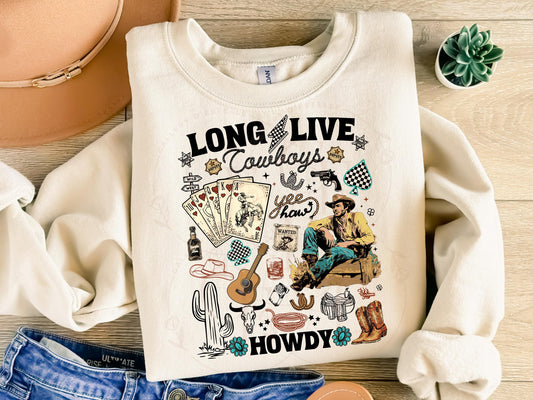 Long Live Cowboys PNG, Western Retro Cowboy Rodeo Collage, Trendy Turquoise Checkered Country Shirt Design
